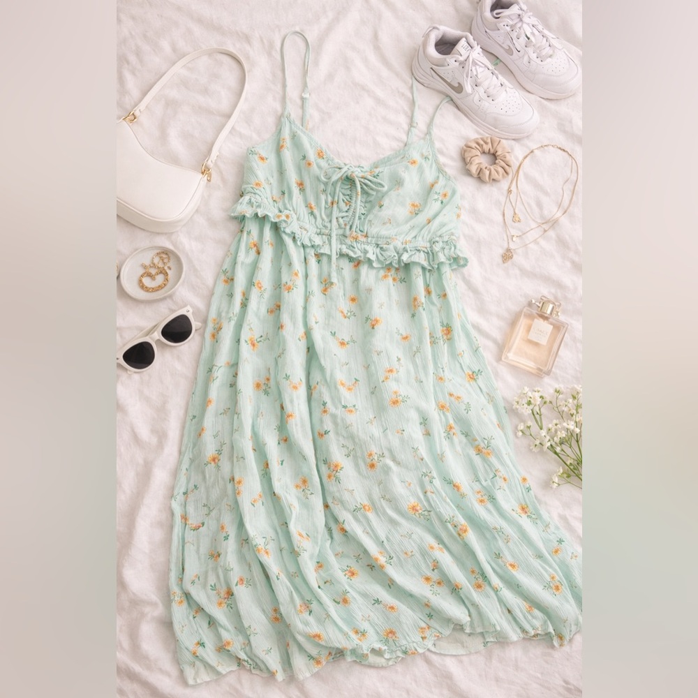 Billabong Mint Green Floral Maxi Dress Ruffle Tie Front Cottagecore - Size XL